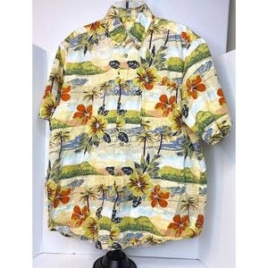 Crossings Mens Hawaiian Print Button Down Shirt, Cream Floral, size Small